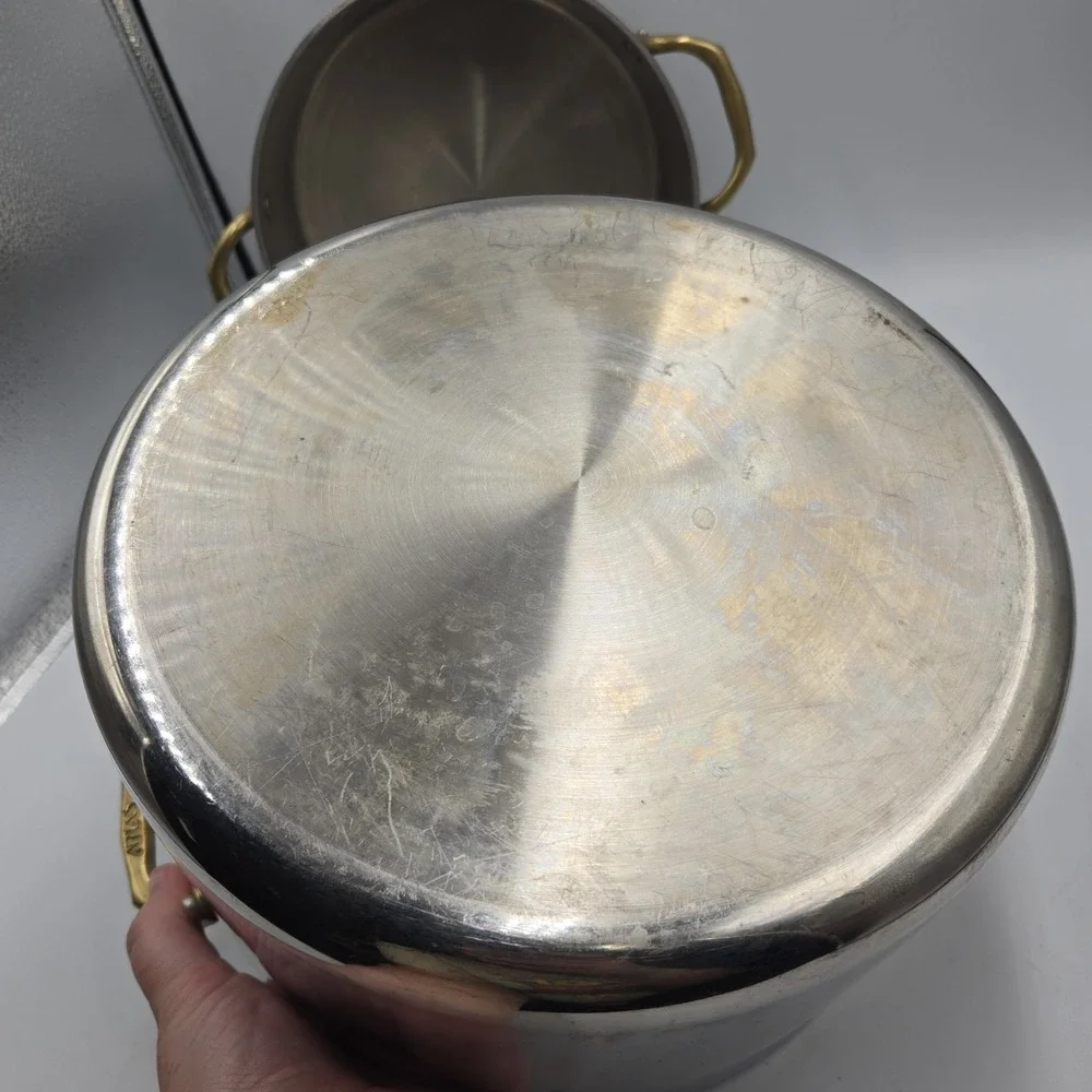 Set of 2 Vtg Atlas Metal Spinning Stainless Steel Stock Pots Brass Handle No Lid